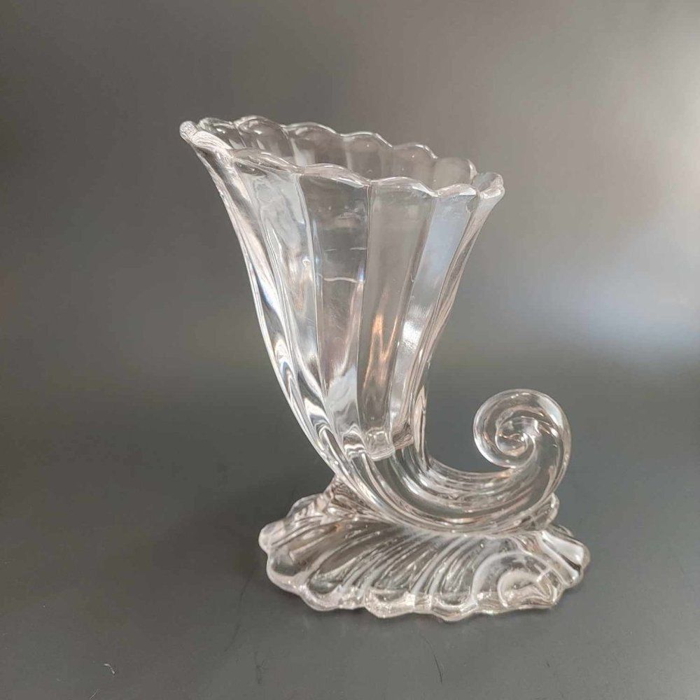 Vintage Heisey Horn Of Plenty Cornucopia Vase Clear GLOWS Glowy Glass